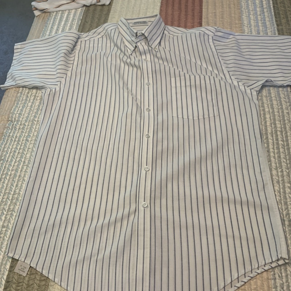 Manhattan Shirtmakers 90s Shirt Mens 16 Blue Stripe Short Sleeve Wrinkle Free